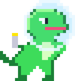 The Invincible Space Dinosaur, a green pixel-art dinosaur with a sky-blue visor